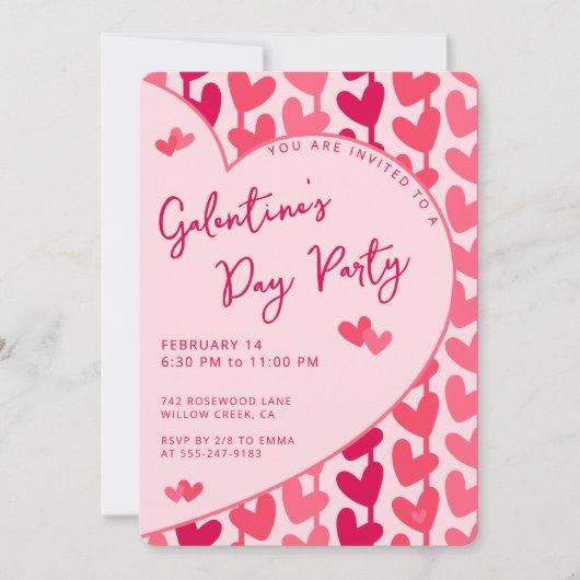 Galentine's Day Party Red Pink Hearts Modern 招待状 (正面)