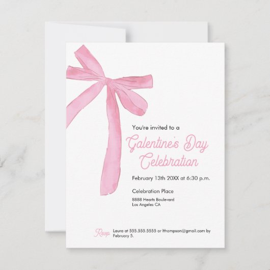 Galentine's day Pink Ribbon Bow Girly modern 招待状 (正面)