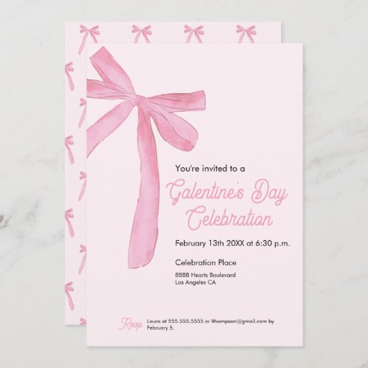 Galentine's day Pink Ribbon Bow Girly modern 招待状 (正面/裏面)