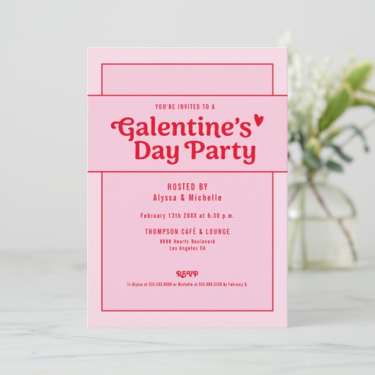 Galentine's Day Red Pink Party Trendy Cool 招待状 (スタンド正面)