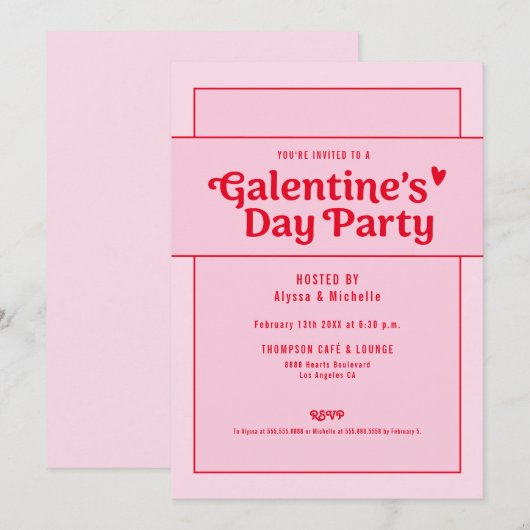 Galentine's Day Red Pink Party Trendy Cool 招待状 (正面/裏面)