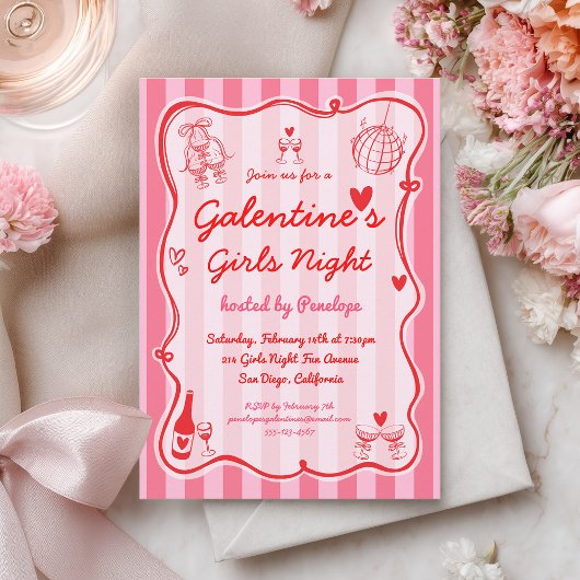Galentine's Girls Night Pink Red Hand Drawn Party 招待状
