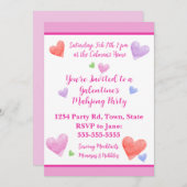 Galentine's Mahjong Party Watercolor Hearts 招待状 (正面/裏面)