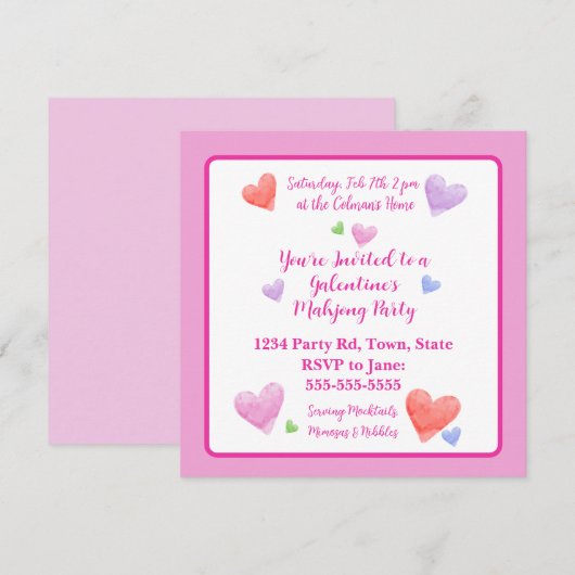 Galentine's Mahjong Party Watercolor Hearts Sq (正面/裏面)