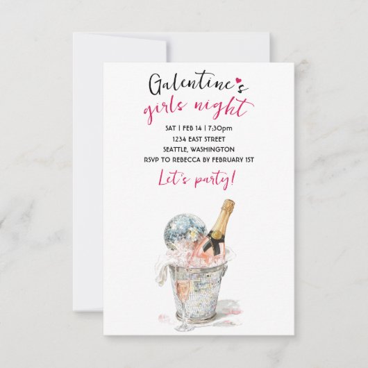 Galentines Party Invitation Champagne & Disco Ball 出欠カード (正面)