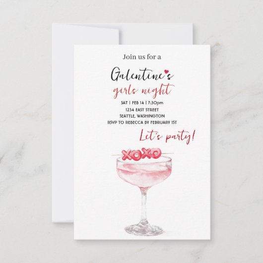 Galentines Party Invitation | Pink Cocktail 出欠カード (正面)