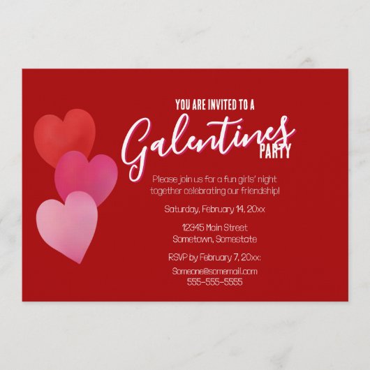 Galentines Party with 3 Hearts on Red 招待状 (正面)