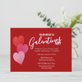 Galentines Party with 3 Hearts on Red 招待状