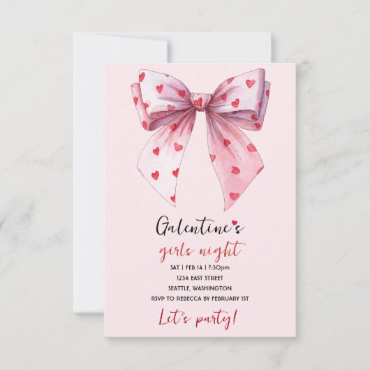 Galentines Pink Bow Party Invitation  出欠カード (正面)