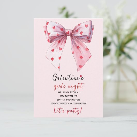 Galentines Pink Bow Party Invitation  出欠カード (スタンド正面)