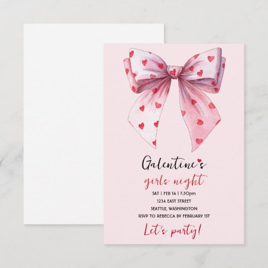 Galentines Pink Bow Party Invitation  出欠カード (正面/裏面)