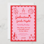 Galentine's Pink Red Hand Drawn Girls Night Party 招待状 (正面)