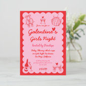 Galentine's Pink Red Hand Drawn Girls Night Party 招待状 (スタンド正面)
