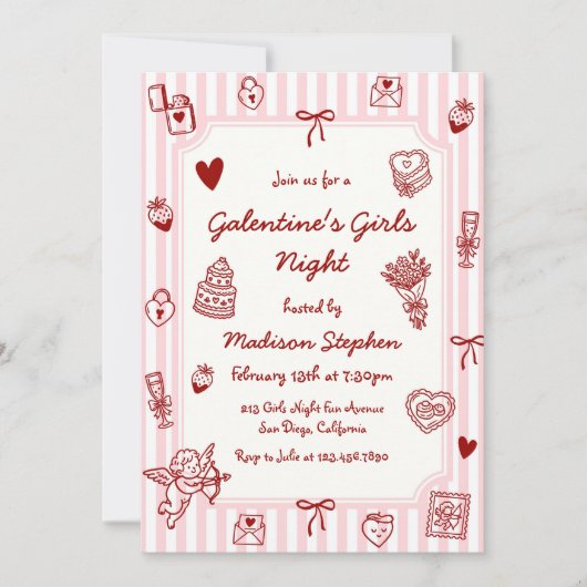 Galentine's Pink Red Hand Drawn Girls Night Party 招待状 (正面)