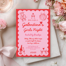 Galentine's Pink Red Hand Drawn Girls Night Party 招待状