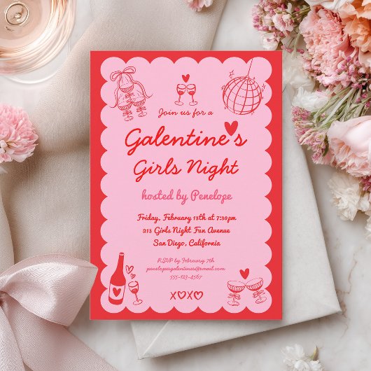 Galentine's Pink Red Hand Drawn Girls Night Party 招待状