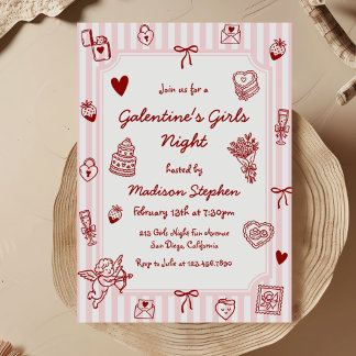 Galentine's Pink Red Hand Drawn Girls Night Party 招待状
