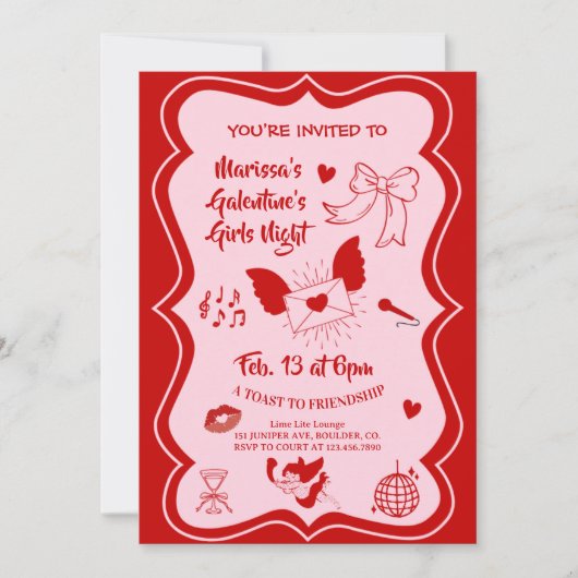 Galentine's Pink Red Hand Drawn Night Party 招待状 (正面)