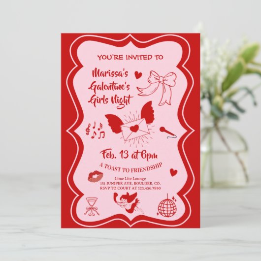 Galentine's Pink Red Hand Drawn Night Party 招待状 (スタンド正面)