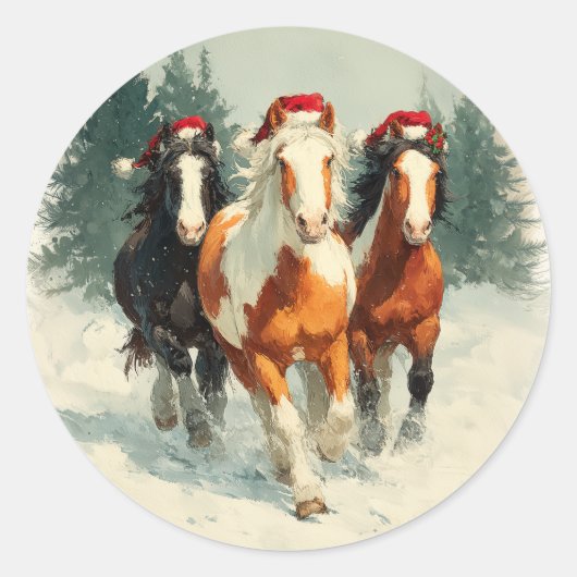 Galloping Horses Christmas Sticker ラウンドシール (正面)