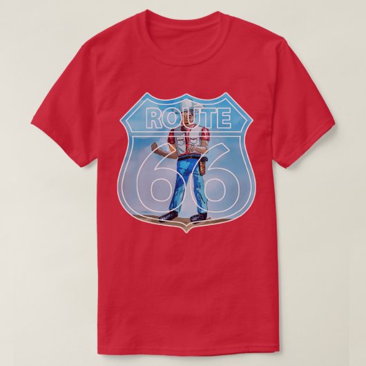 Gallup New Meのルート66に沿ったマフラーの男の像 Tシャツ (デザイン正面)