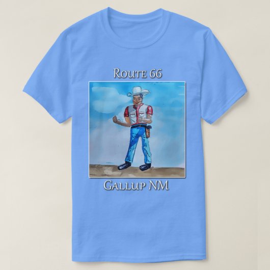 Gallup New Meのルート66に沿ったマフラーの男の像 Tシャツ (デザイン正面)