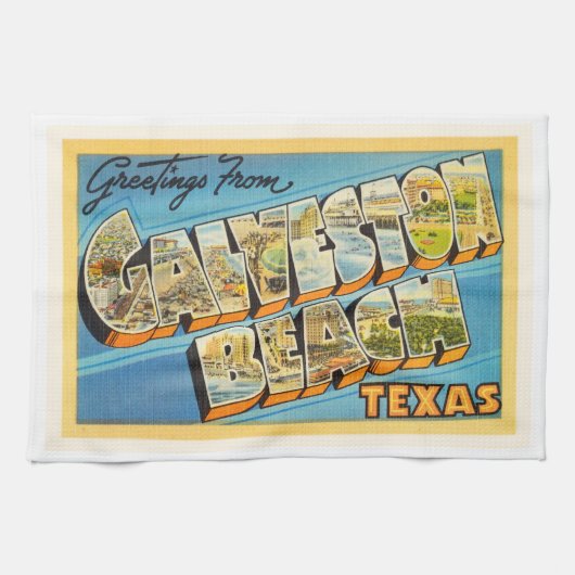 Galvestonのビーチのテキサス州TXのヴィンテージ旅行記念品 キッチンタオル (横)