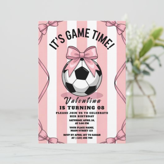 Game Day Girl Soccer Pink Bow 招待状 (スタンド正面)