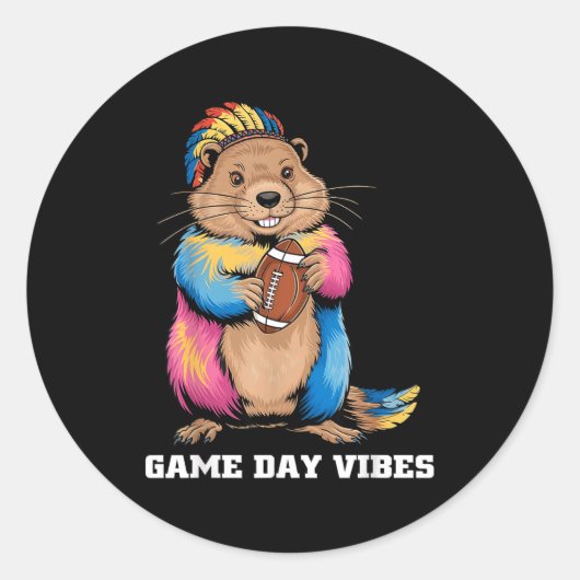 Game Day Vibes Tribal Groundhog Holding Football F ラウンドシール (正面)