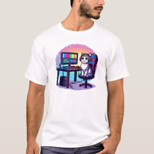Game Meow-ver - Pixel Cat Gamer Vibes Tシャツ (正面)