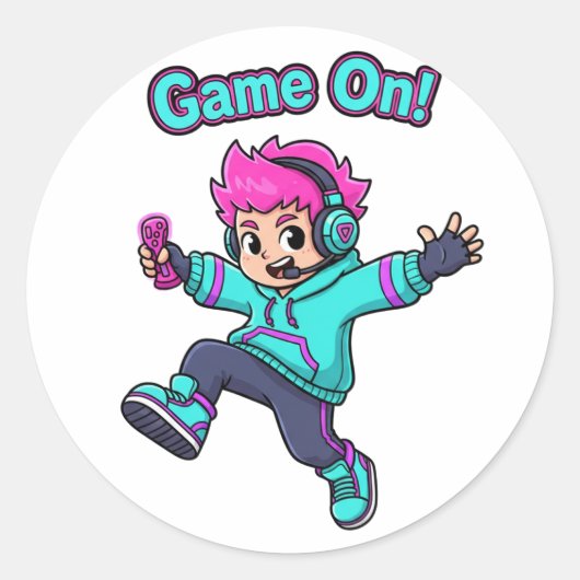 Game On! - かわいいキャラクターゲーマーステッカー ラウンドシール (正面)