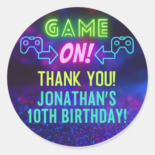 GAME ON! ネオン ゲーミング ステッカー - ジョナサン 10歳の誕生日 (正面)