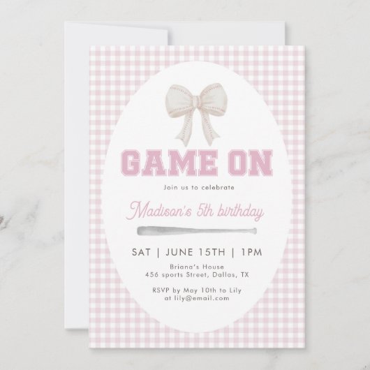 Game On Baseball Bow Pink Gingham Preppy 5th  招待状 (正面)
