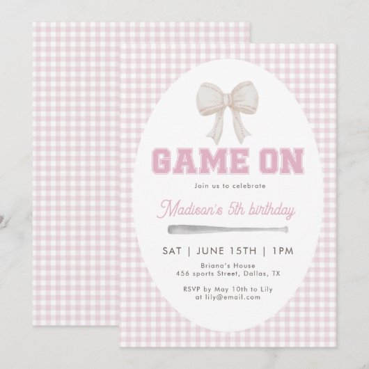 Game On Baseball Bow Pink Gingham Preppy 5th  招待状 (正面/裏面)