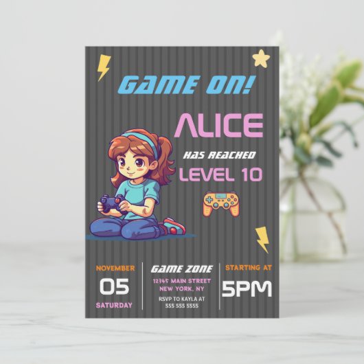 Game On Level Upおもしろいビデオゲーム誕生日パーティー 招待状 (スタンド正面)