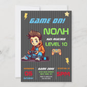 Game On Level Upおもしろいビデオゲーム誕生日パーティー 招待状 (正面)