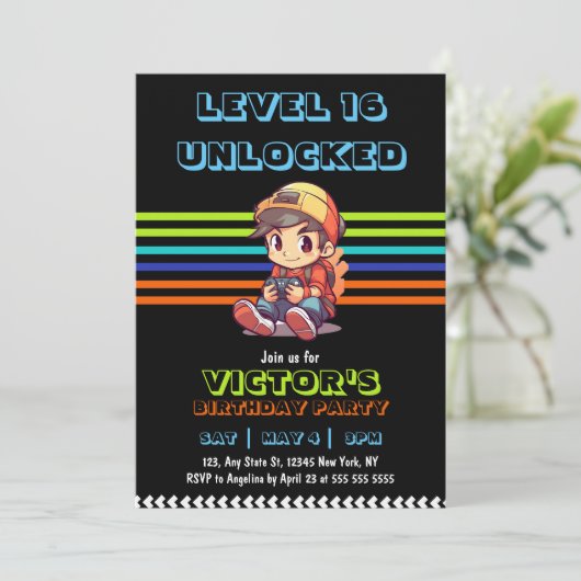 Game On Level Upおもしろいビデオゲーム誕生日パーティー 招待状 (スタンド正面)