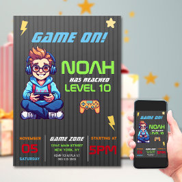 Game On Level Upおもしろいビデオゲーム誕生日パーティー 招待状
