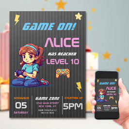 Game On Level Upおもしろいビデオゲーム誕生日パーティー 招待状