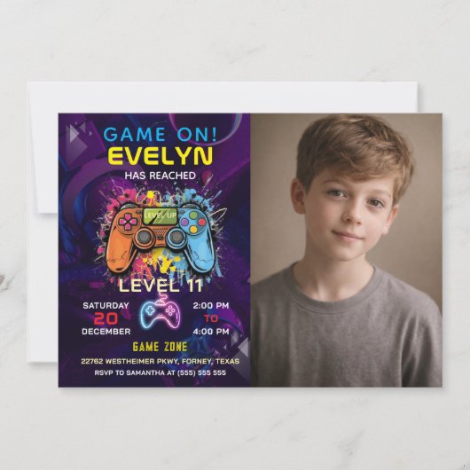  Game On Level Up Video Game Birthday 招待状 (正面)