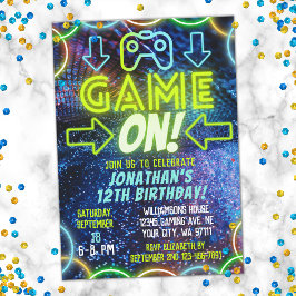 Game On Neon Glowビデオゲームゲーム誕生日パーティー 招待状