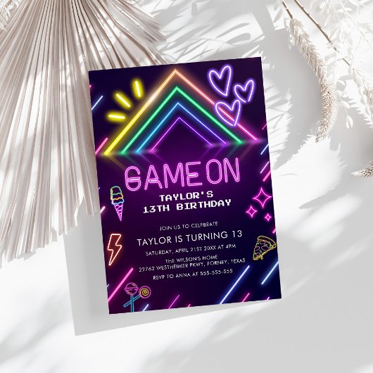 Game On Neon Video Games Girl Birthday 招待状