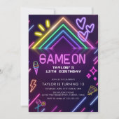 Game On Neon Video Games Girl Birthday 招待状 (正面)