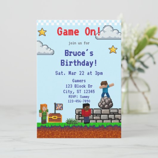 Game On! Pixel Block Game Birthday 招待状 (スタンド正面)