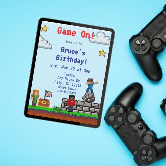Game On! Pixel Block Game Birthday 招待状