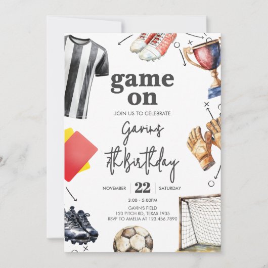 Game On Soccer Birthday 招待状 (正面)