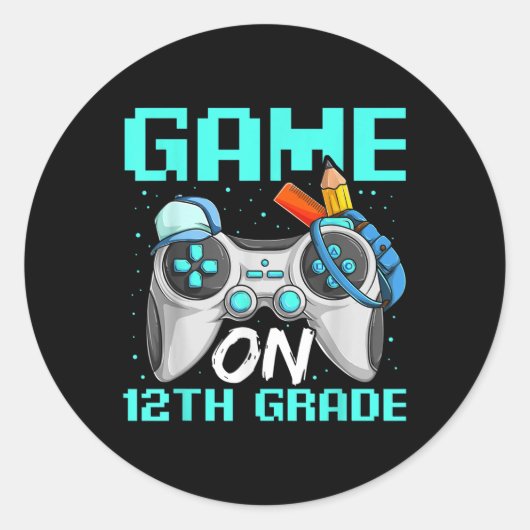 Game On Twelfth Grade Shirts, Funny Gamer Boy Back ラウンドシール (正面)