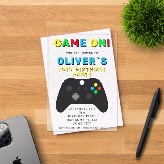 Game On Video Game Controller Gaming Birthday アクリル招待状 (インサイチュ (招待状))
