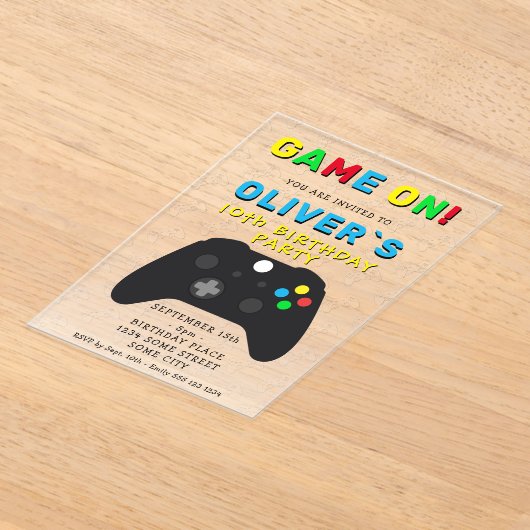 Game On Video Game Controller Gaming Birthday アクリル招待状 (レイダウン)