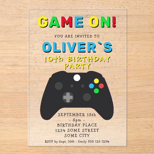 Game On Video Game Controller Gaming Birthday アクリル招待状 (正面)